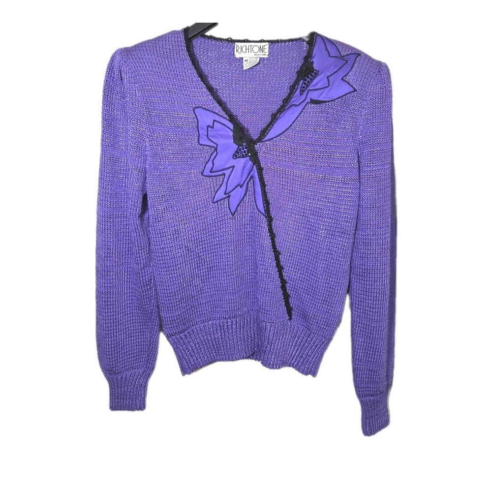 Vintage Richtone New York Applique Sequin Purple‎ Knit Crochet Sweater Size 10